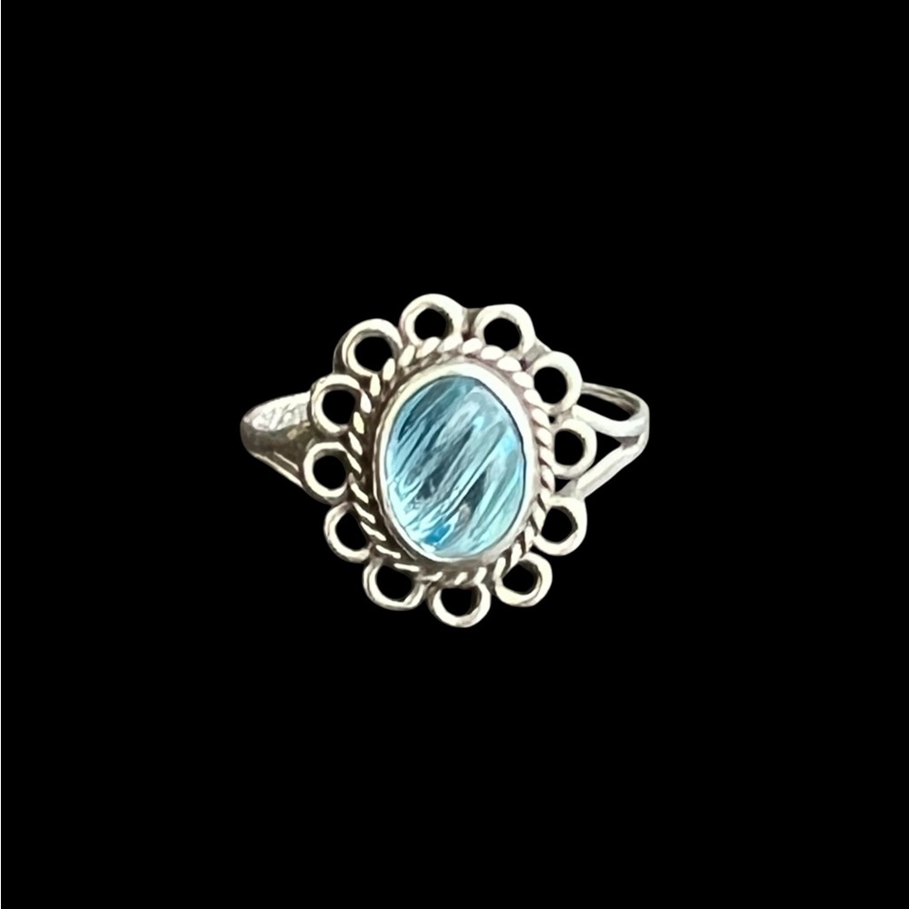 Vintage Taxco Mexico sterling silver carved glass ring Size 5.75